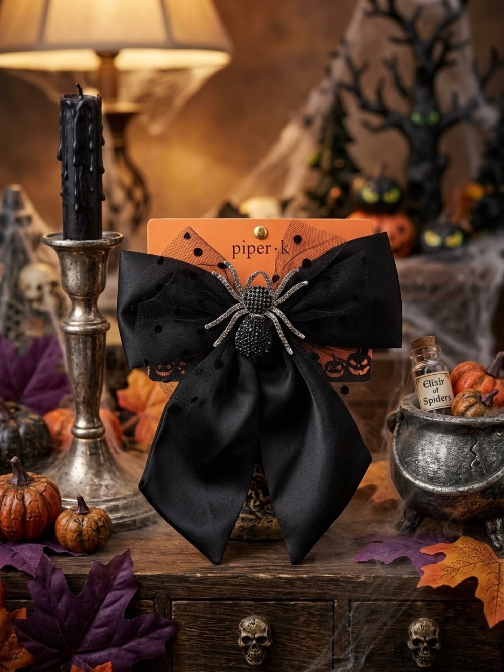 Piper Black Hair Bow with Jeweled Spider Accent